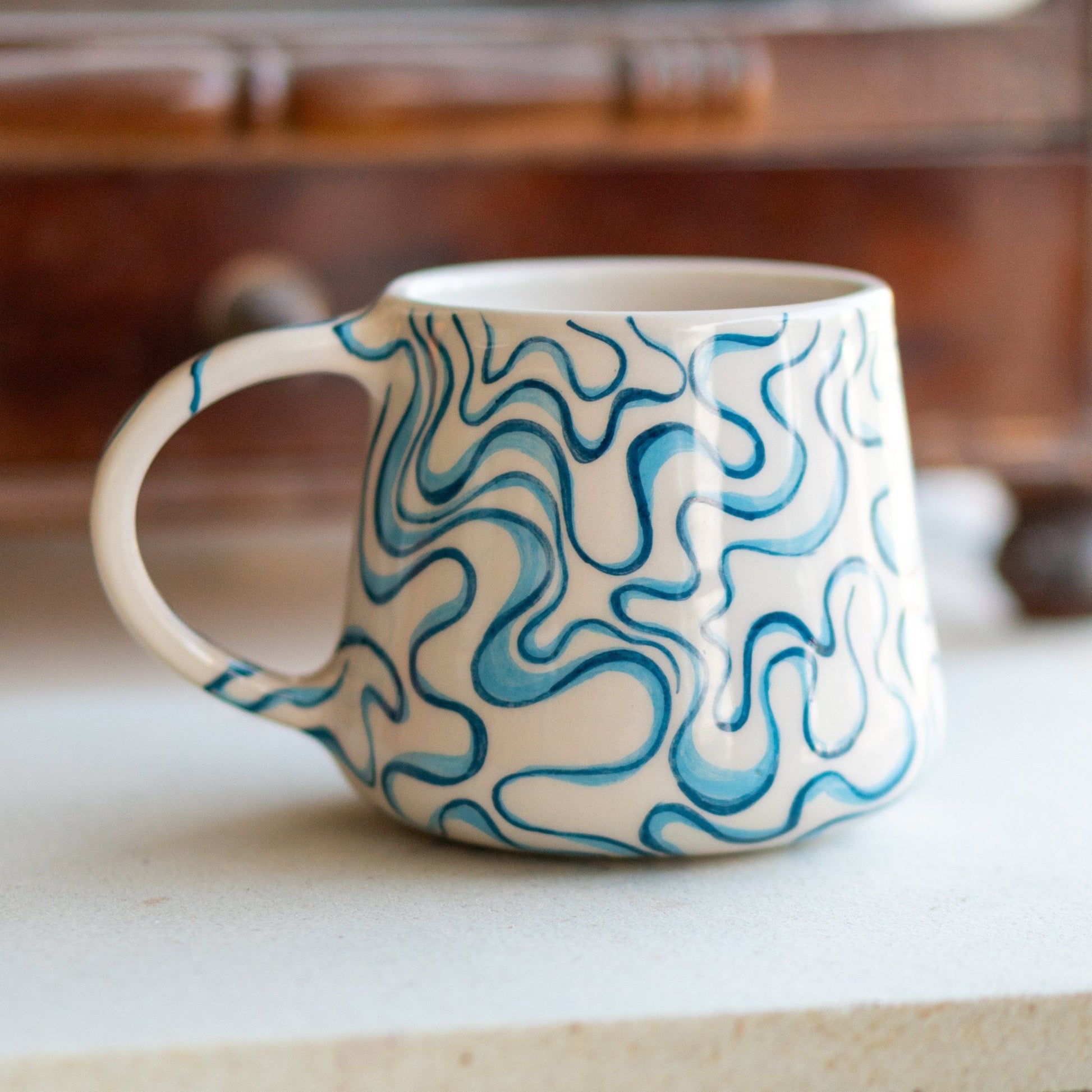 Blue Waves Coffee Mug - Abstract Ceramic Cup