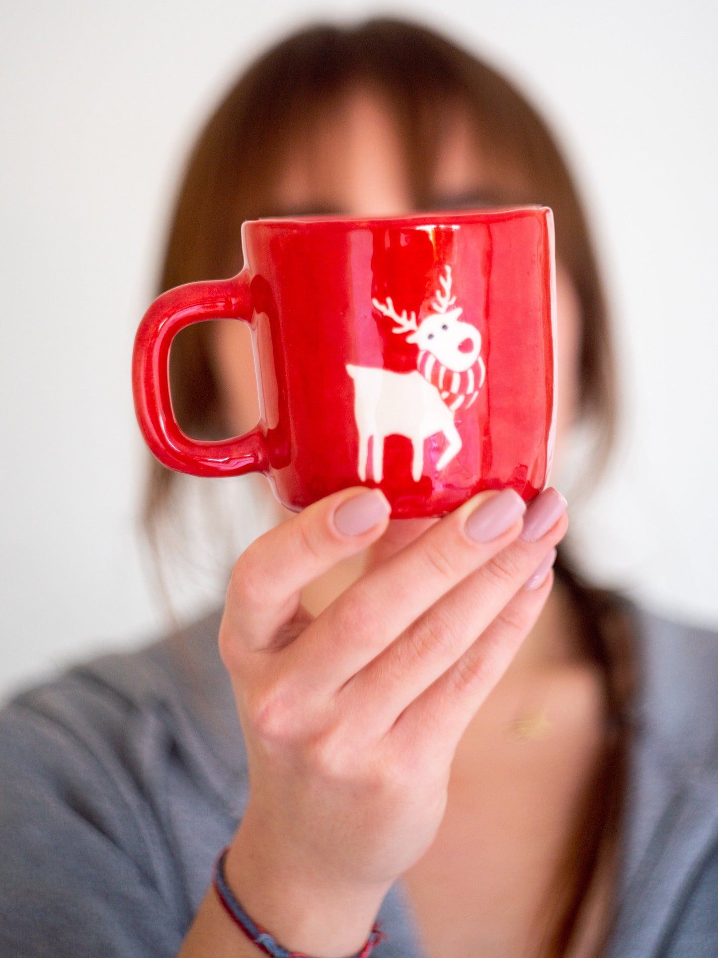 Cute Reindeer Coffee Cup | Animal Coffee Pottery | Red Coffee Pottery - Handmade and Hand-painted Coffee Cup - Special Product - Limited