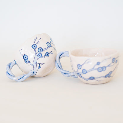 Pottery Mug, Blue Ceramic Coffee and Tea Cup, Floral Mug