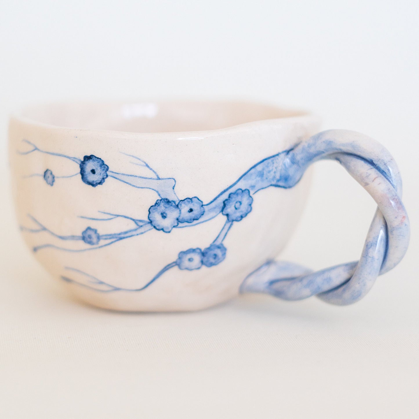 Pottery Mug, Blue Ceramic Coffee and Tea Cup, Floral Mug