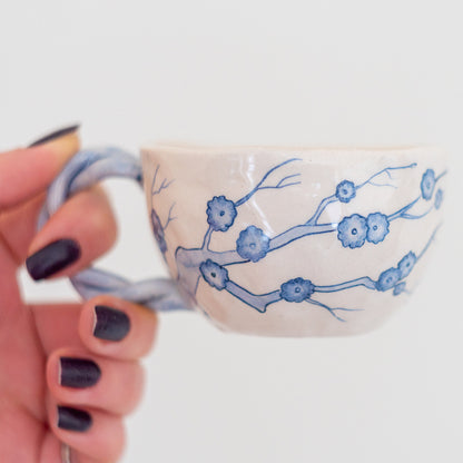 Pottery Mug, Blue Ceramic Coffee and Tea Cup, Floral Mug