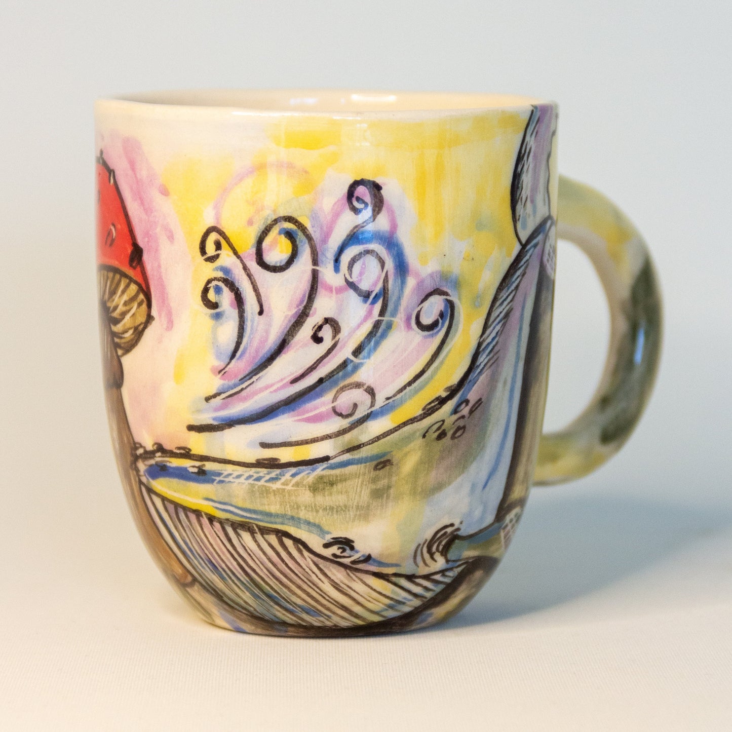 Mushroom Mug - Whale and Planets Decorated Cup, Abstract Decorated Coffee Mug