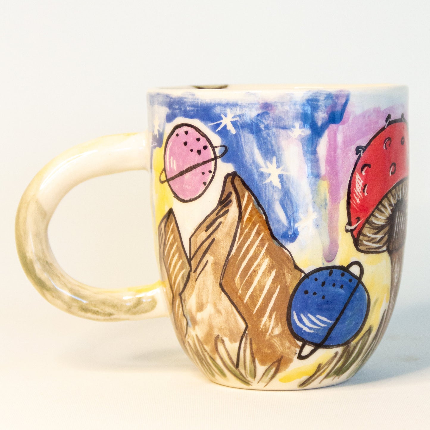 Mushroom Mug - Whale and Planets Decorated Cup, Abstract Decorated Coffee Mug