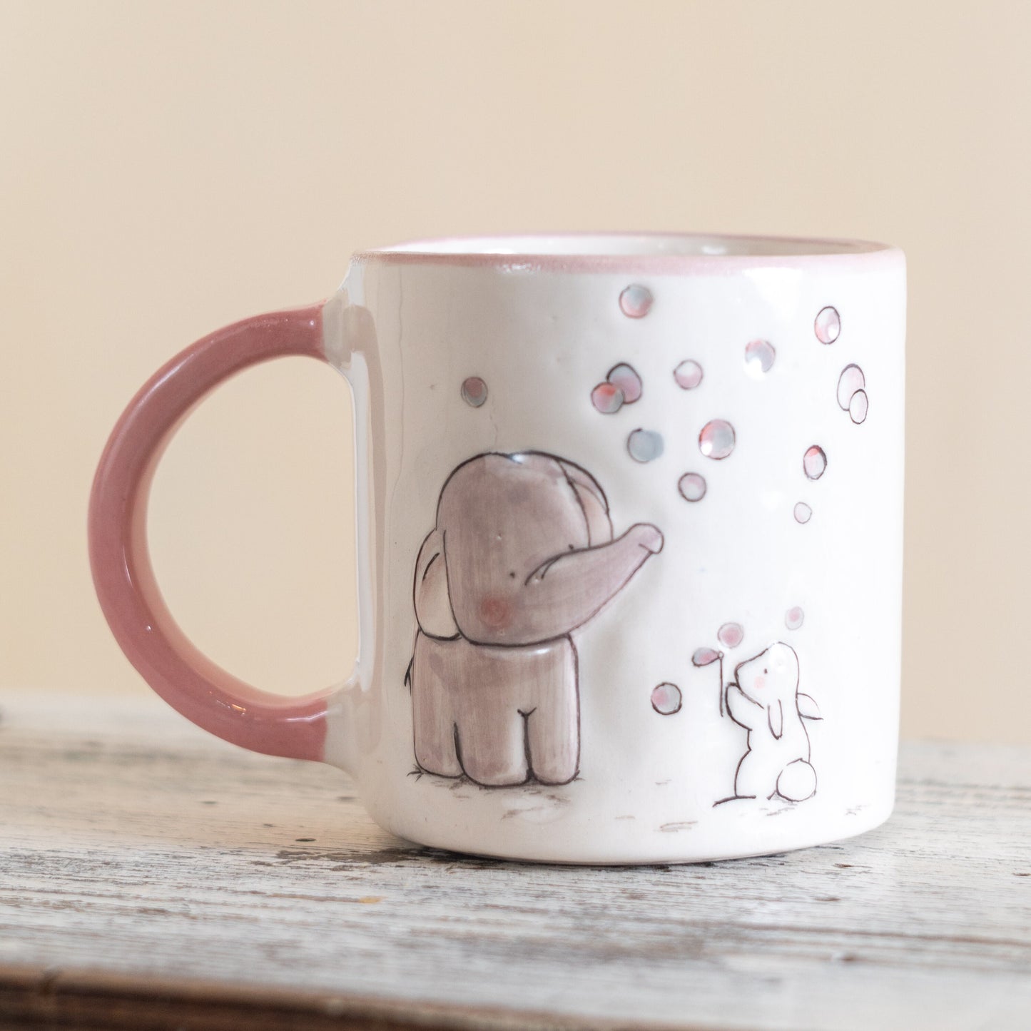 Elephant and Rabbit Coffee Mug - Pottery Mug, Colorful Handmade Ceramic Cup - Unique Gift