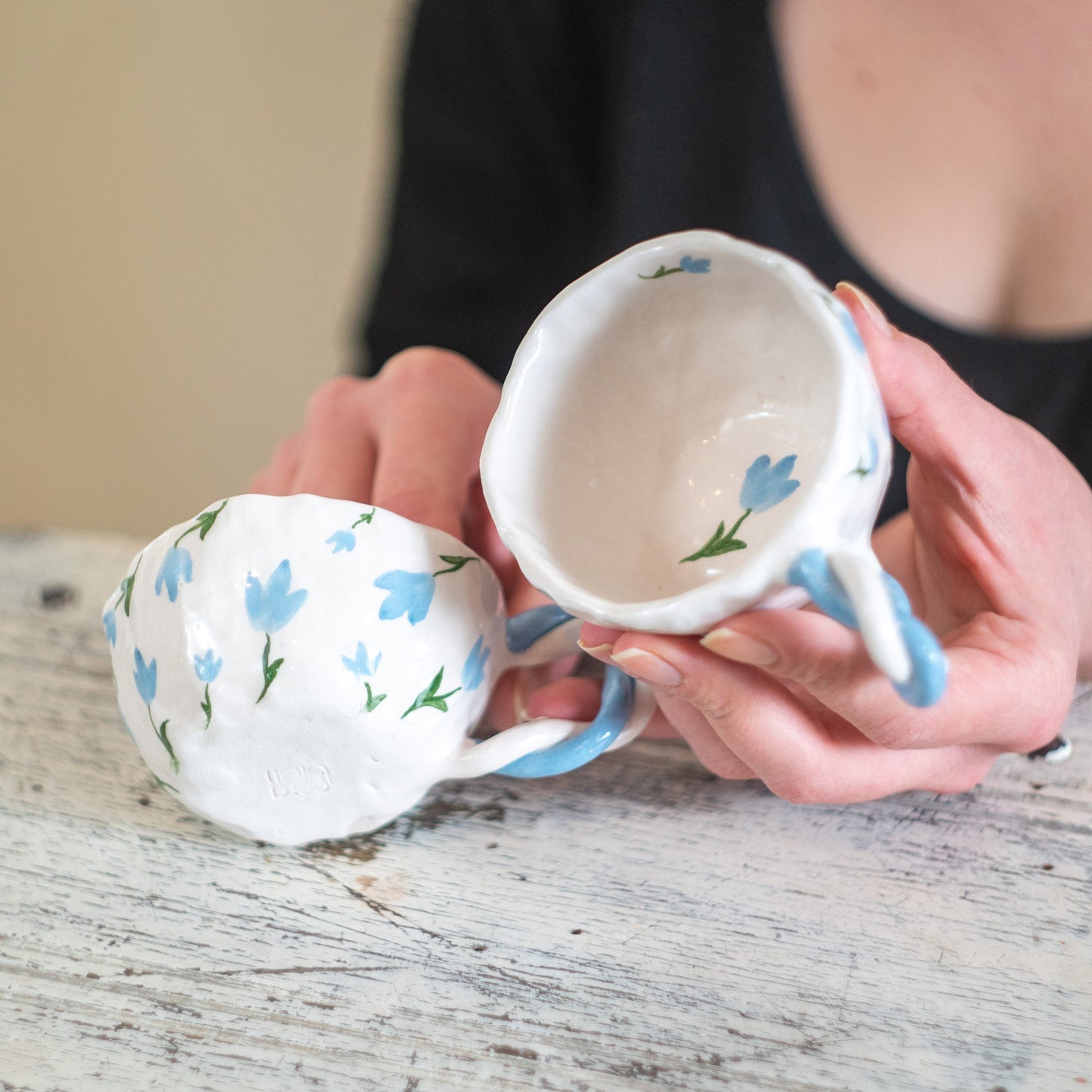 Espresso Cup Set, Handmade Blossom Coffee Cup - Blue Flower Ceramic Mug - Unique Gift - Elegant Kitchenware - Artisan Drinkware