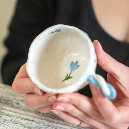 Espresso Cup Set, Handmade Blossom Coffee Cup - Blue Flower Ceramic Mug - Unique Gift - Elegant Kitchenware - Artisan Drinkware