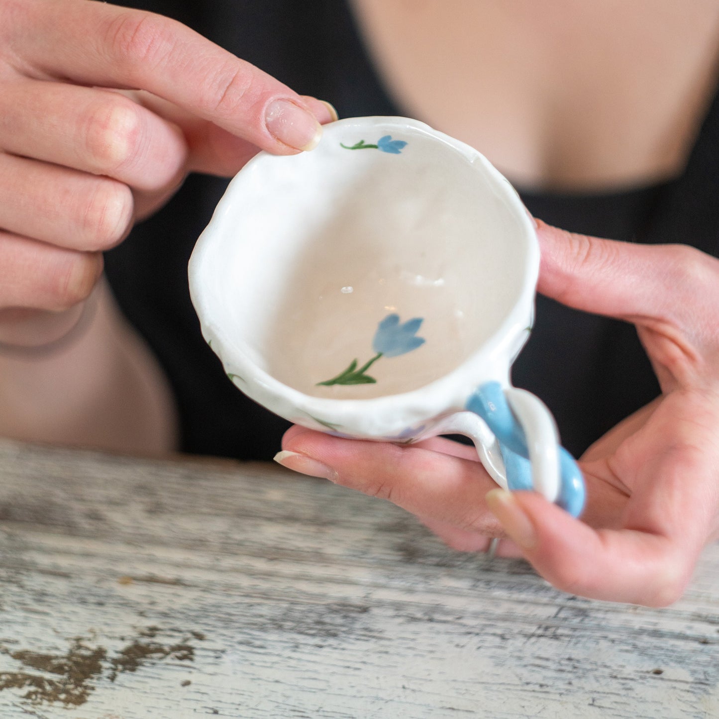 Espresso Cup Set, Handmade Blossom Coffee Cup - Blue Flower Ceramic Mug - Unique Gift - Elegant Kitchenware - Artisan Drinkware