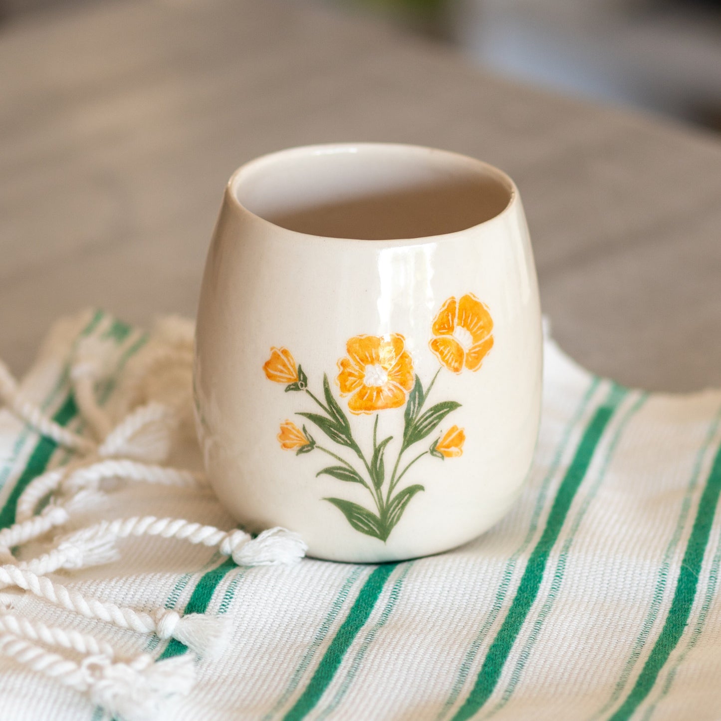 Vibrant Yellow Blossom Ceramic Vine Glasses Set (Set of 2) - Handcrafted Tableware for Elegant Dining