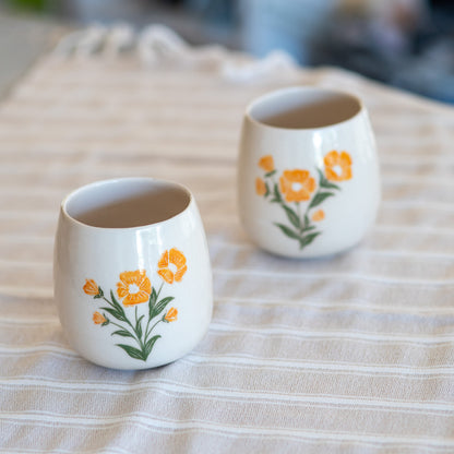 Vibrant Yellow Blossom Ceramic Vine Glasses Set (Set of 2) - Handcrafted Tableware for Elegant Dining