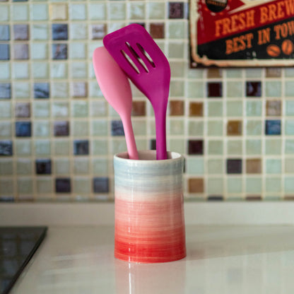 Utensil Holder, Colorful Kitchen Decor, Rainbow Ceramic Pottery, Pink Vase