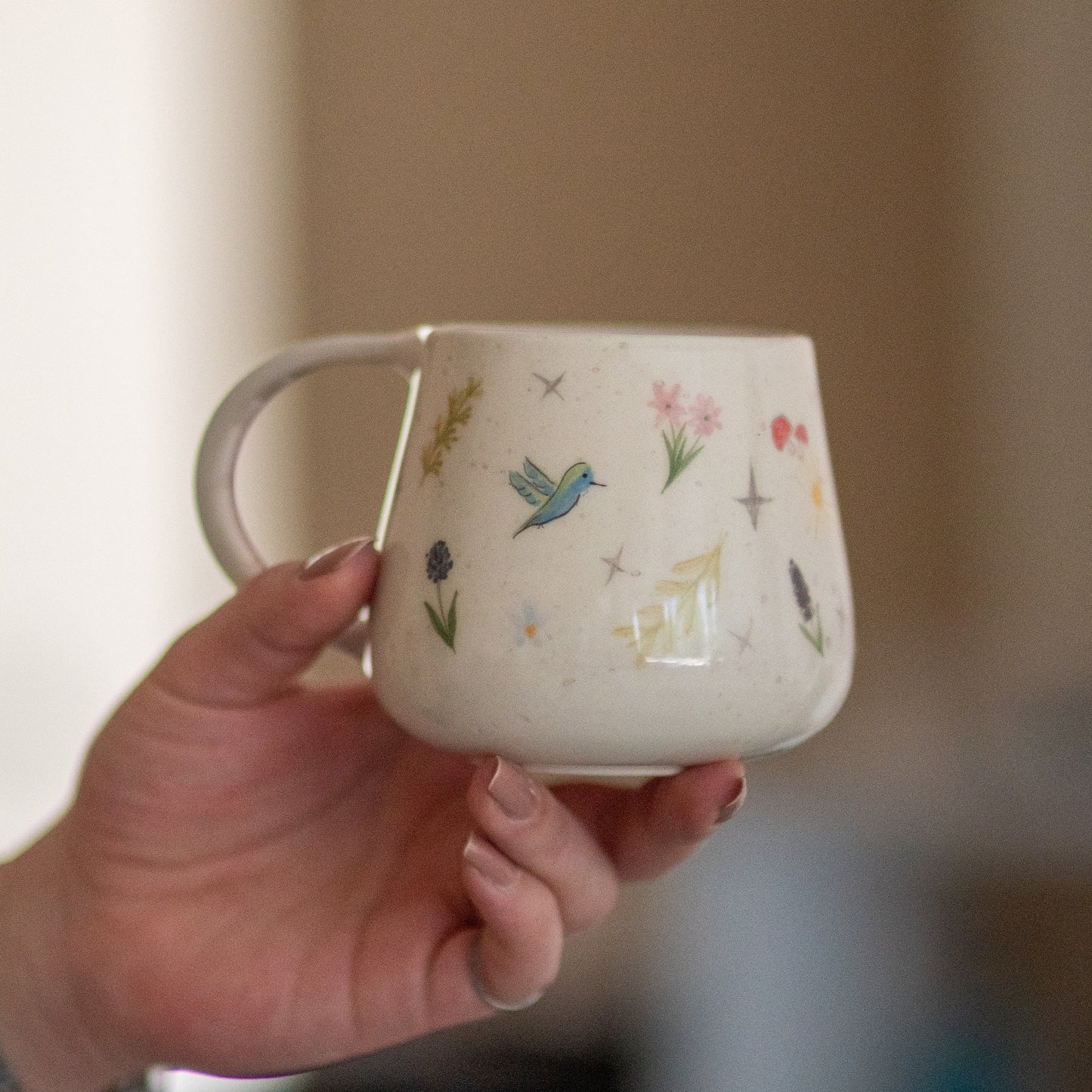 Flowers and Birds Coffee Mug, Handmade Ceramic Cup, Minimalist Housewarming Gift, Flower Mug