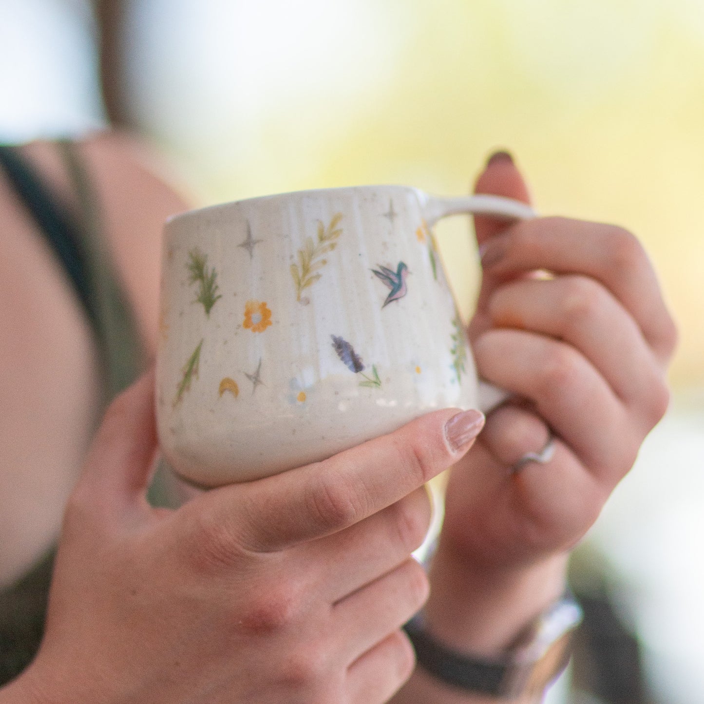 Flowers and Birds Coffee Mug, Handmade Ceramic Cup, Minimalist Housewarming Gift, Flower Mug