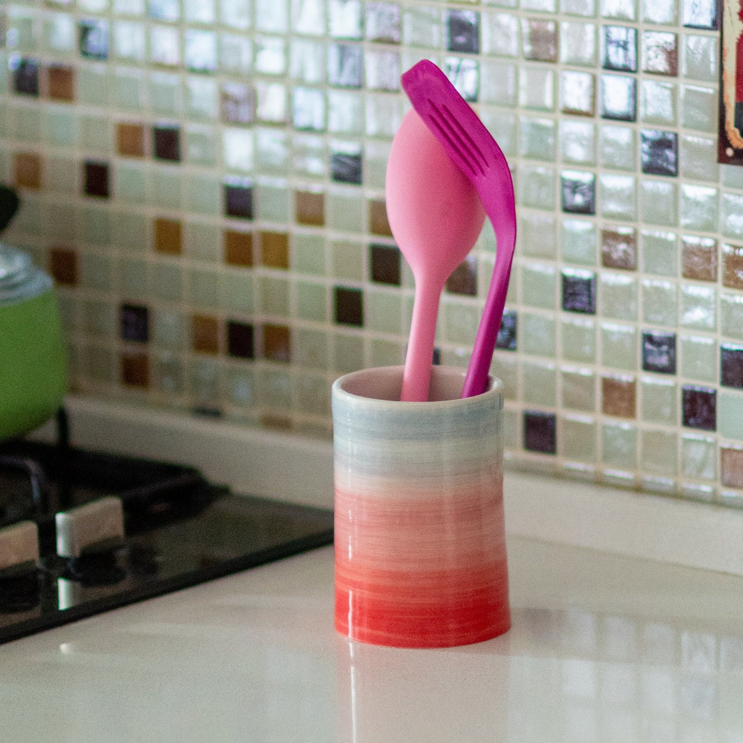 Utensil Holder, Colorful Kitchen Decor, Rainbow Ceramic Pottery, Pink Vase