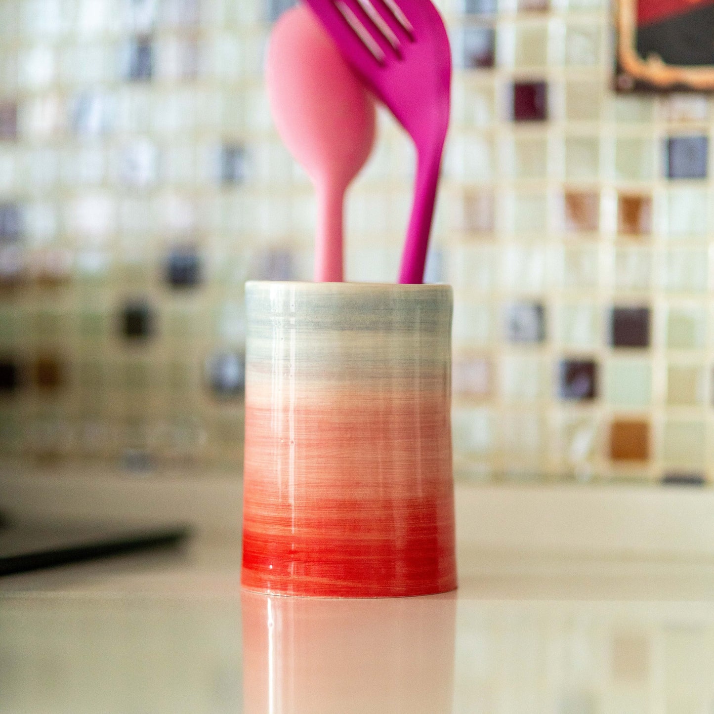 Utensil Holder, Colorful Kitchen Decor, Rainbow Ceramic Pottery, Pink Vase