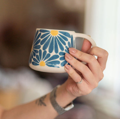 Floral Coffee Mug, Handmade Large Mug, Blue Flower Ceramic Mug