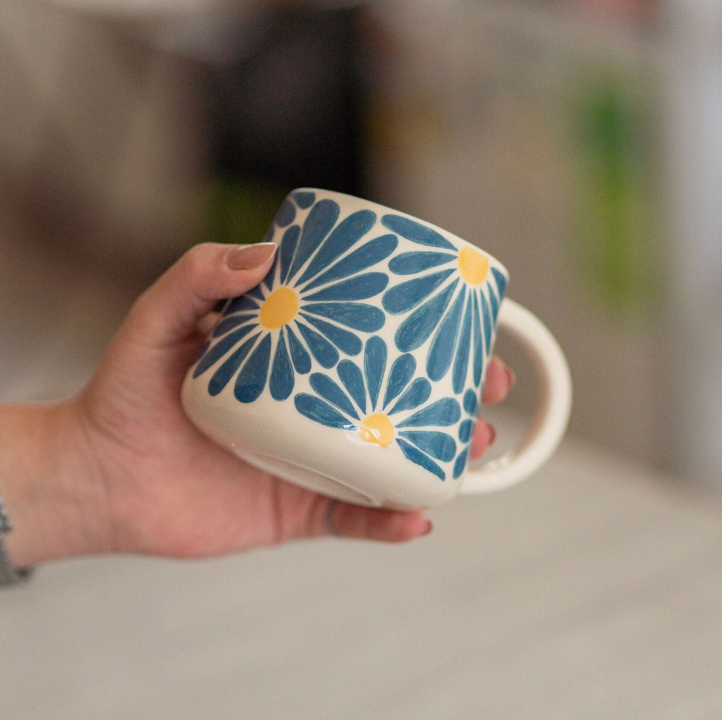 Floral Coffee Mug, Handmade Large Mug, Blue Flower Ceramic Mug