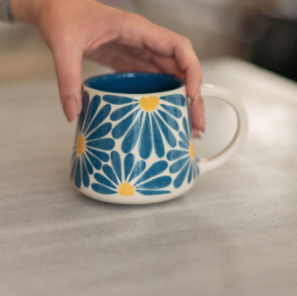 Floral Coffee Mug, Handmade Large Mug, Blue Flower Ceramic Mug