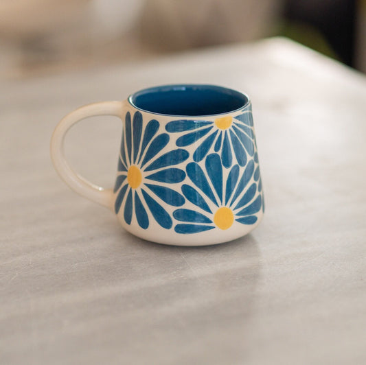 Floral Coffee Mug, Handmade Large Mug, Blue Flower Ceramic Mug