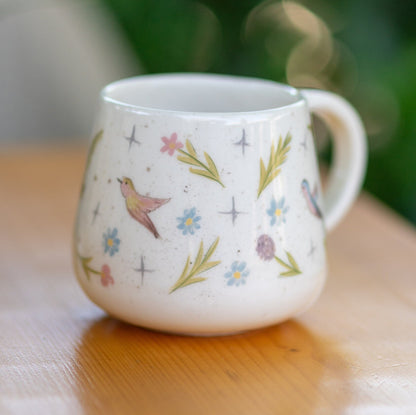 Flowers and Birds Coffee Mug, Handmade Ceramic Cup, Minimalist Housewarming Gift, Flower Mug