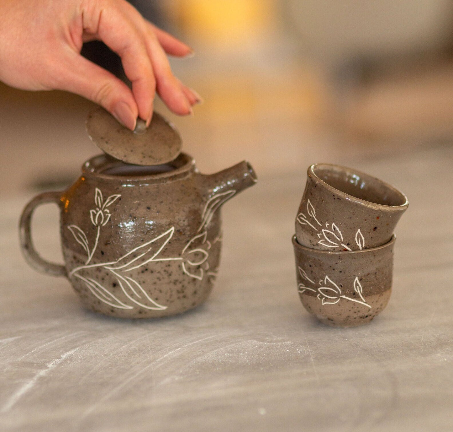 Japanese Tea Set with Tea Pot, Pottery Tea Set, Teapot and Cups, Ceramic Tea Set, Handmade Housewarming Gift