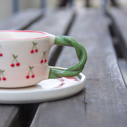 Espresso Cups, Cherry Espresso Cup Set, Handmade Espresso Mug and Saucer