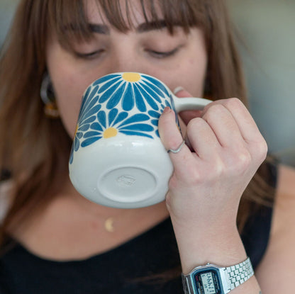 Floral Coffee Mug, Handmade Large Mug, Blue Flower Ceramic Mug