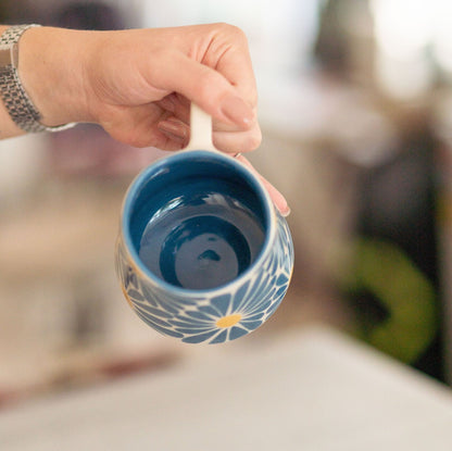 Floral Coffee Mug, Handmade Large Mug, Blue Flower Ceramic Mug