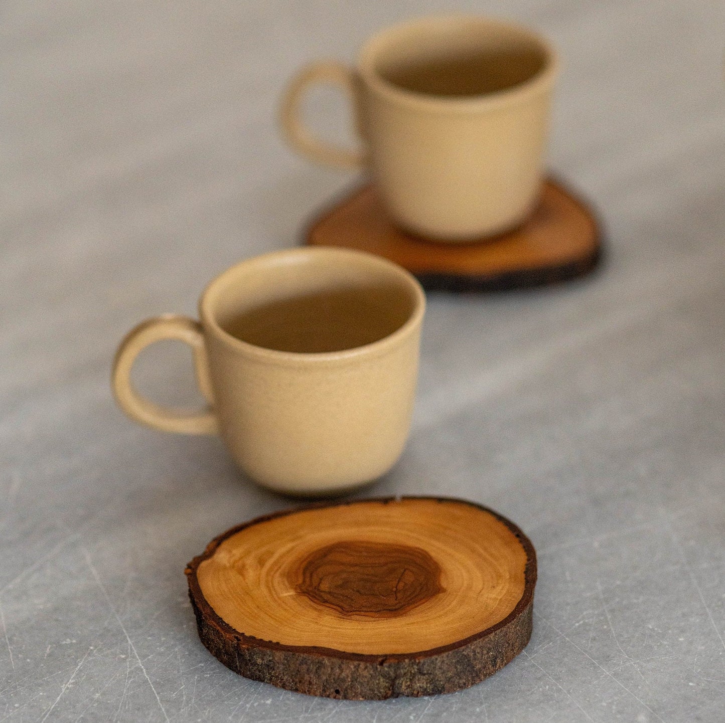 Espresso Cup Set, Handmade Stoneware Coffee Cups with Wooden Saucer