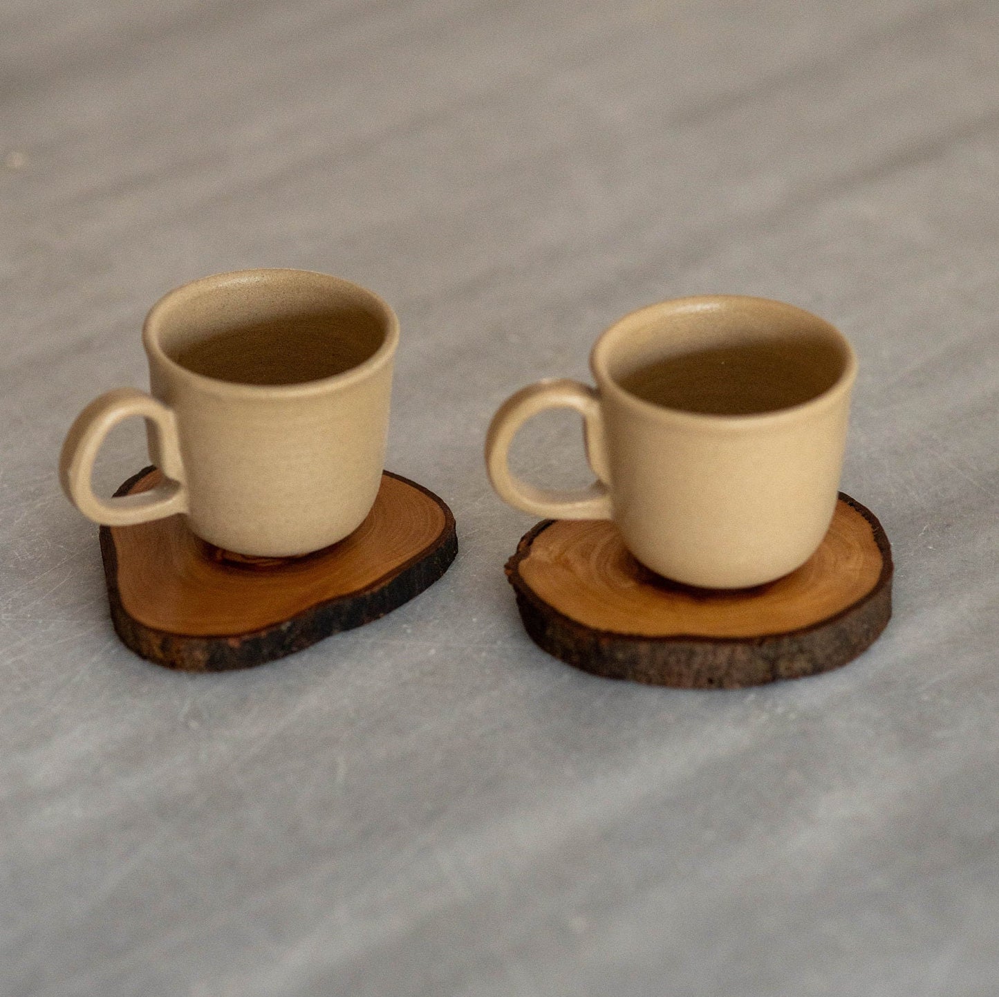 Espresso Cup Set, Handmade Stoneware Coffee Cups with Wooden Saucer