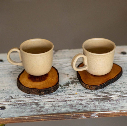 Espresso Cup Set, Handmade Stoneware Coffee Cups with Wooden Saucer