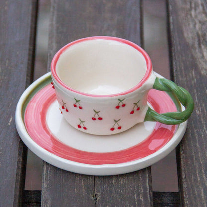 Espresso Cups, Cherry Espresso Cup Set, Handmade Espresso Mug and Saucer