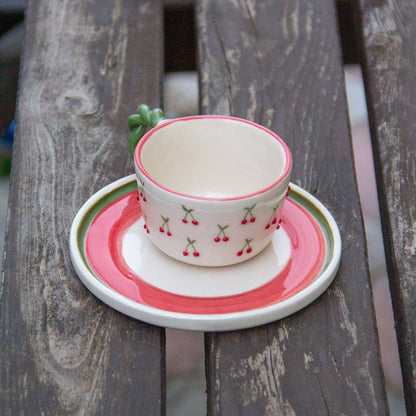 Espresso Cups, Cherry Espresso Cup Set, Handmade Espresso Mug and Saucer