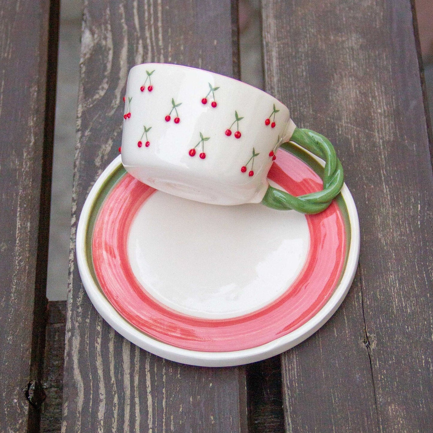 Espresso Cups, Cherry Espresso Cup Set, Handmade Espresso Mug and Saucer