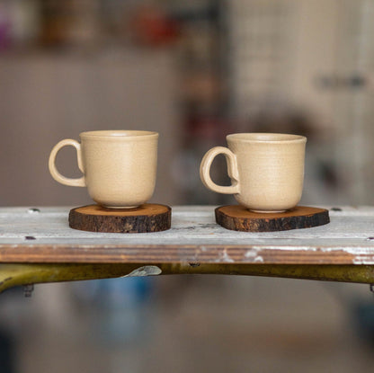 Espresso Cup Set, Handmade Stoneware Coffee Cups with Wooden Saucer