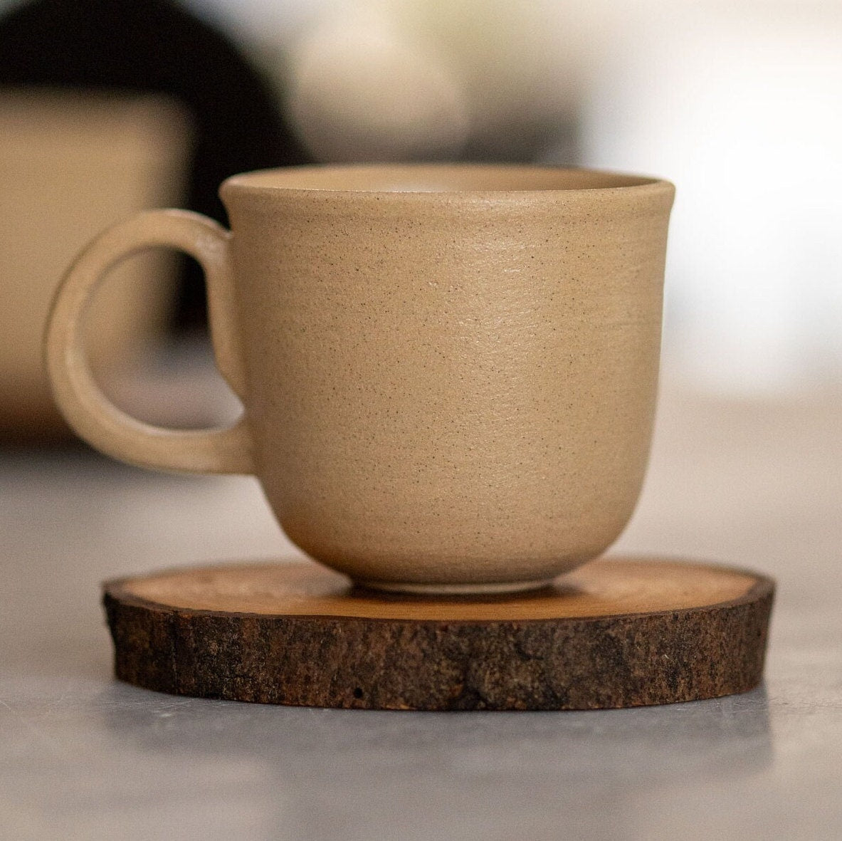 Espresso Cup Set, Handmade Stoneware Coffee Cups with Wooden Saucer