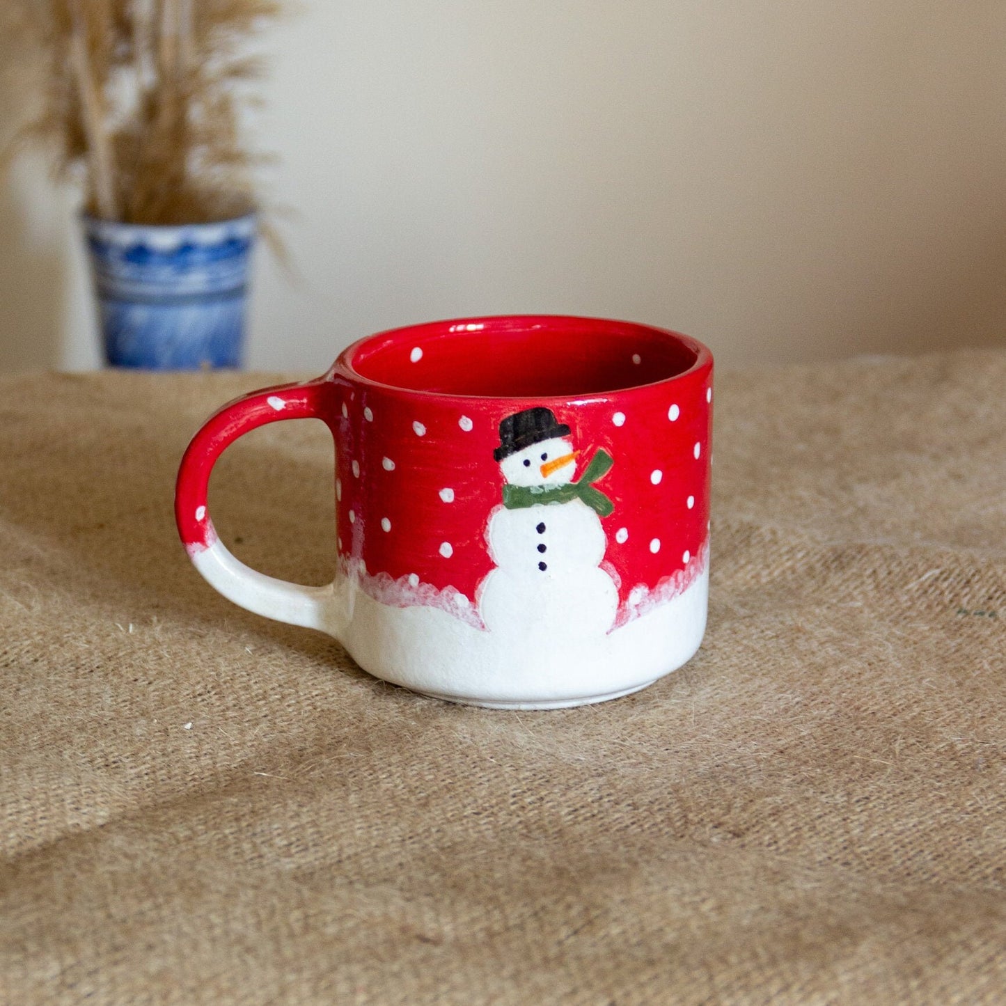 Snowman Christmas Mug, Handmade Ceramic Coffee Mug, New Year Coffee Cup