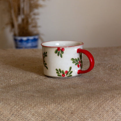 Christmas Mug Holly Flower Decorated, Cute Mug Pottery, New Year Decor