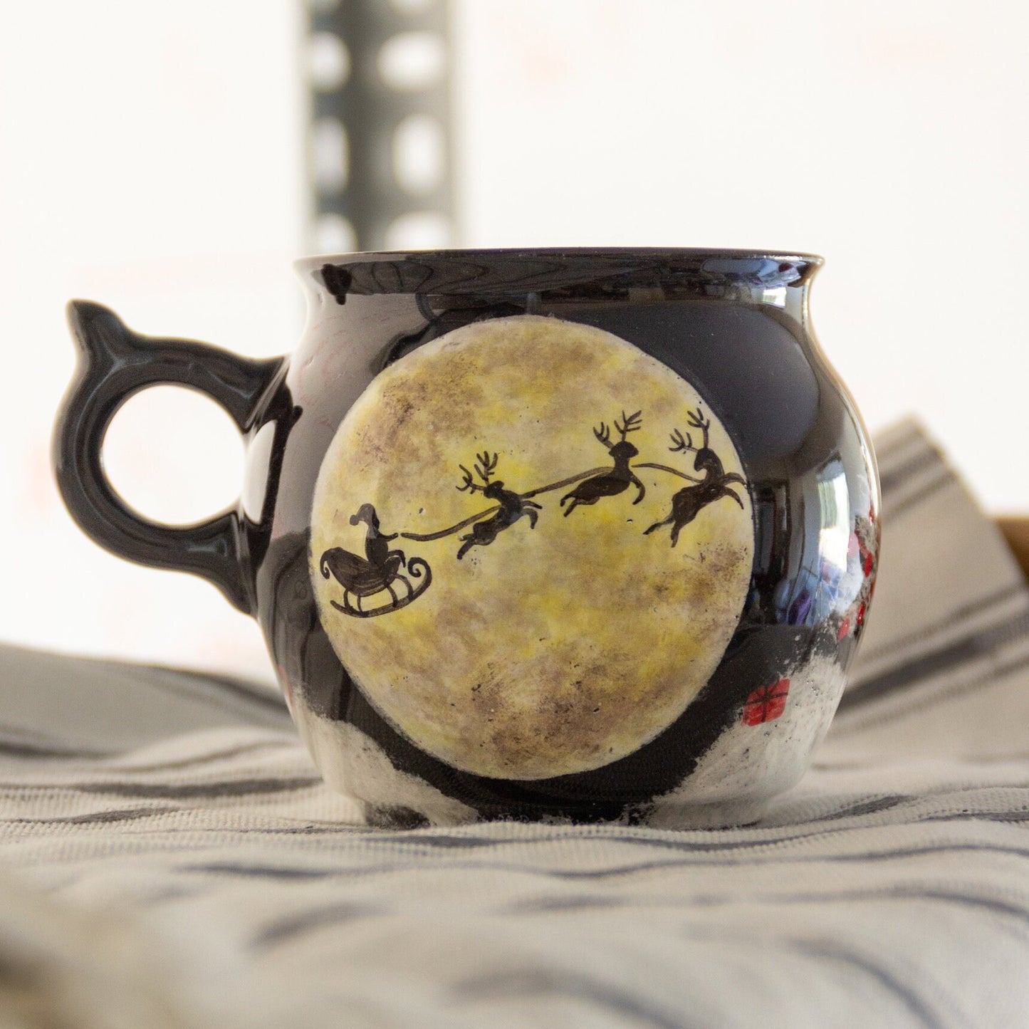 Unique Christmas Mug - Moonlit Santa & Reindeer Silhouette - Perfect Christmas Gift - Handmade Pottery Mug