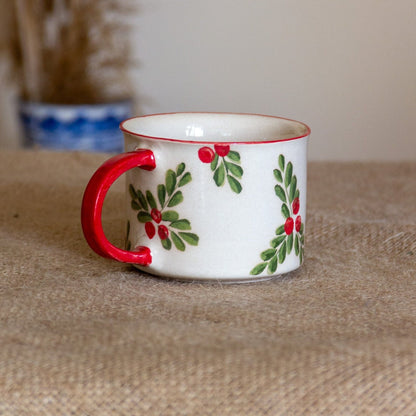 Christmas Mug Holly Flower Decorated, Cute Mug Pottery, New Year Decor