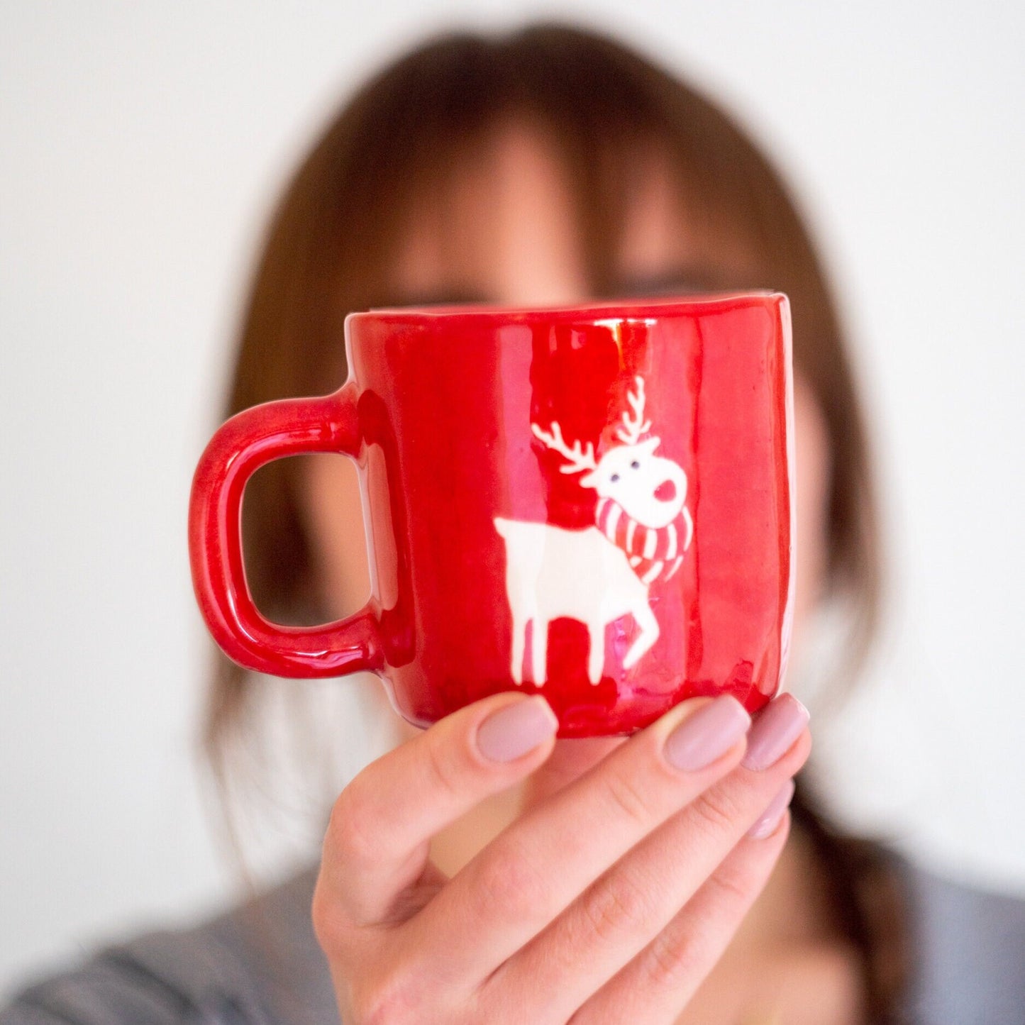 Cute Reindeer Christmas Coffee Mug, Handmade Christmas Gift, Pottery Mug