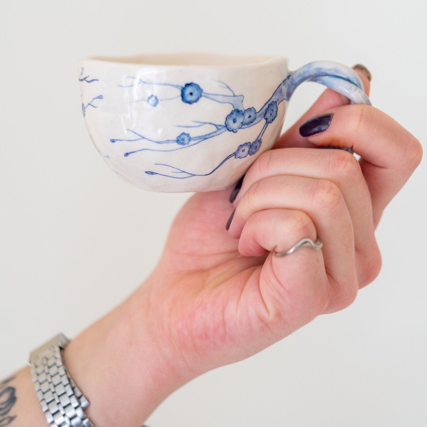 Pottery Mug, Blue Ceramic Coffee and Tea Cup, Floral Mug