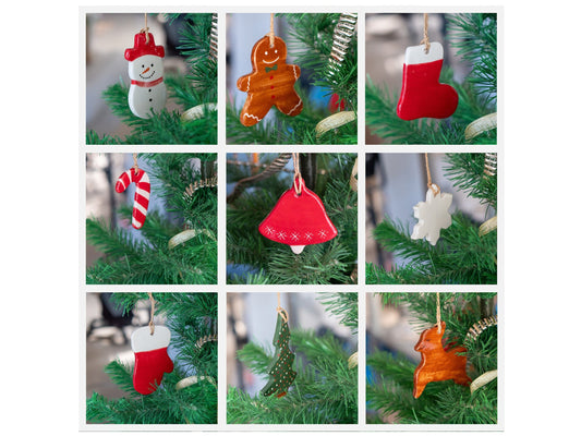 Christmas Ornaments - 9 Pieces Set - Vintage Bell, Snowman, Handmade Christmas Decor