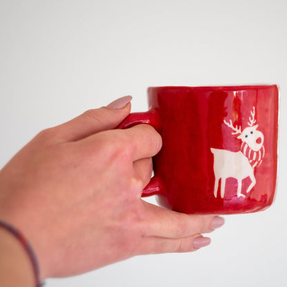 Cute Reindeer Christmas Coffee Mug, Handmade Christmas Gift, Pottery Mug