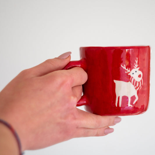 Cute Reindeer Christmas Coffee Mug, Handmade Christmas Gift, Pottery Mug