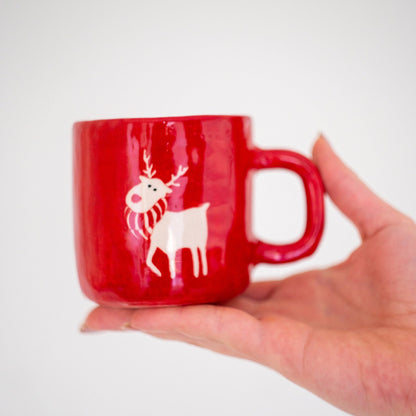 Cute Reindeer Christmas Coffee Mug, Handmade Christmas Gift, Pottery Mug