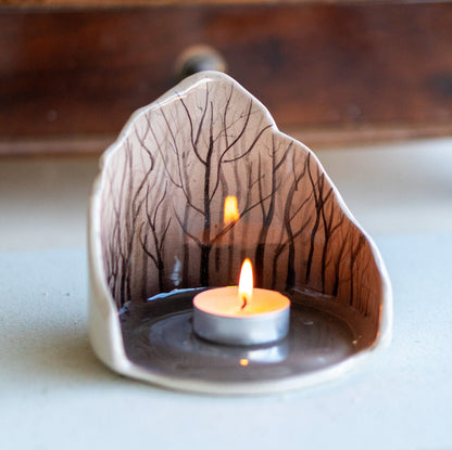 Enchanted Forest Tea Light Holder, Handamde Ceramic Candle Holder, Rustic Home Decor