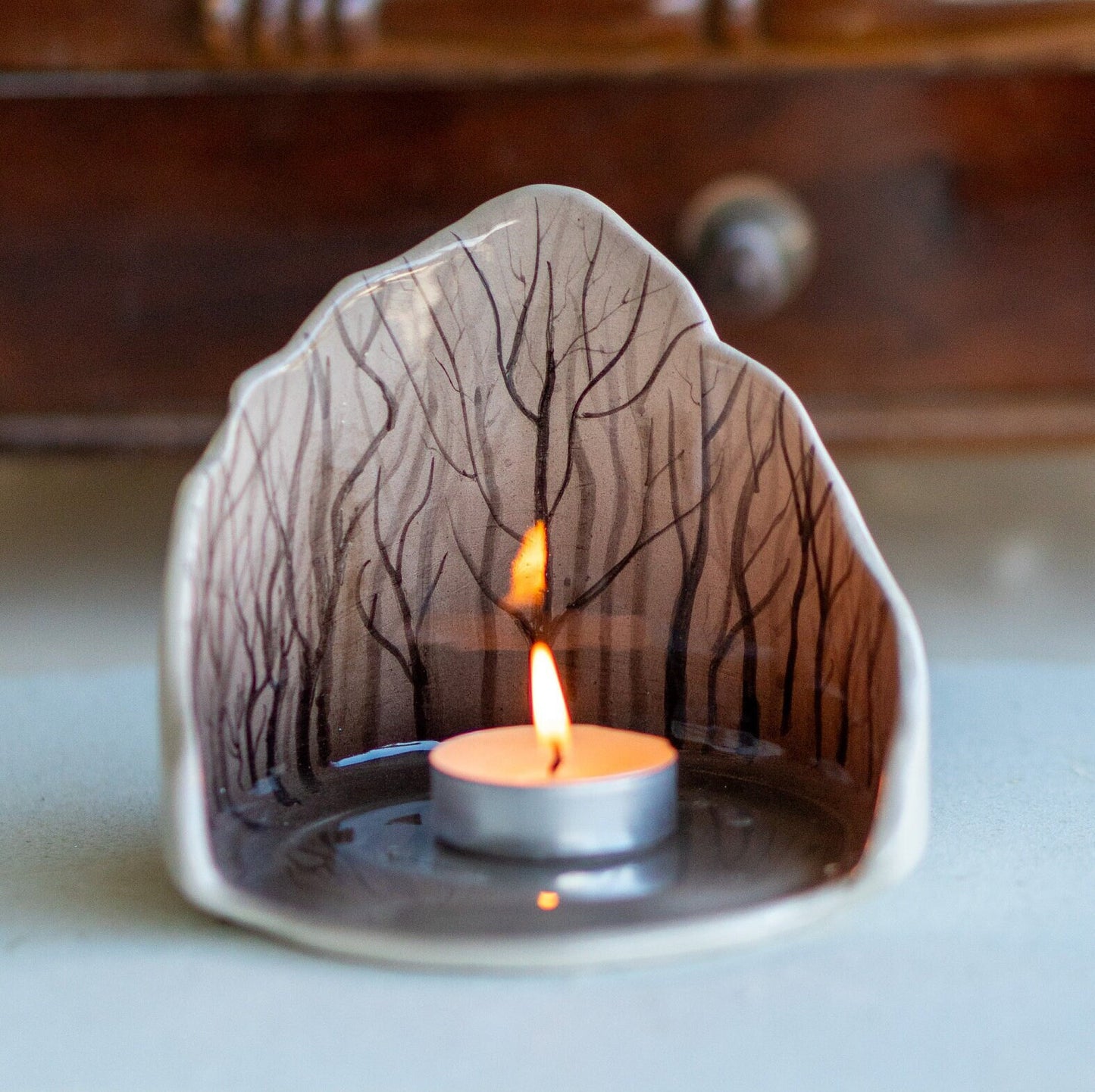 Enchanted Forest Tea Light Holder, Handamde Ceramic Candle Holder, Rustic Home Decor