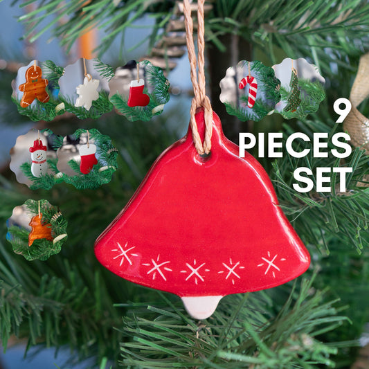 Christmas Tree Ornaments, Handmade Christmas Tree Decor, Ceramic Ornament Set - 9 Pieces