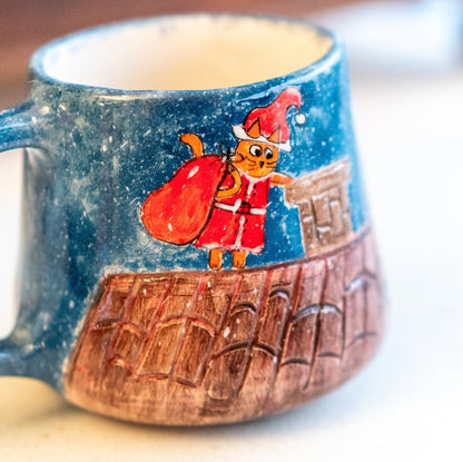 Santa Cat Christmas Coffee Mug - Handmade Ceramic Mug, Christmas Gift Idea