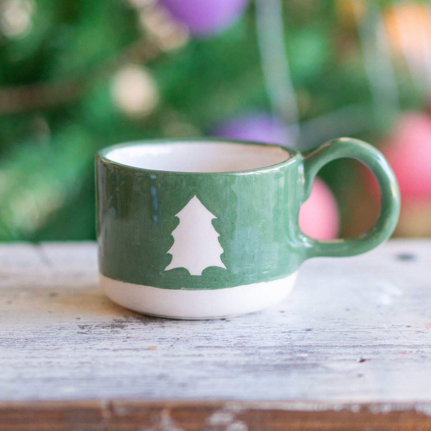 Christmas Spirit Coffee Mug - Handmade Ceramic Cup, Pine Tree Decorated Mug - Unique Holiday Gift